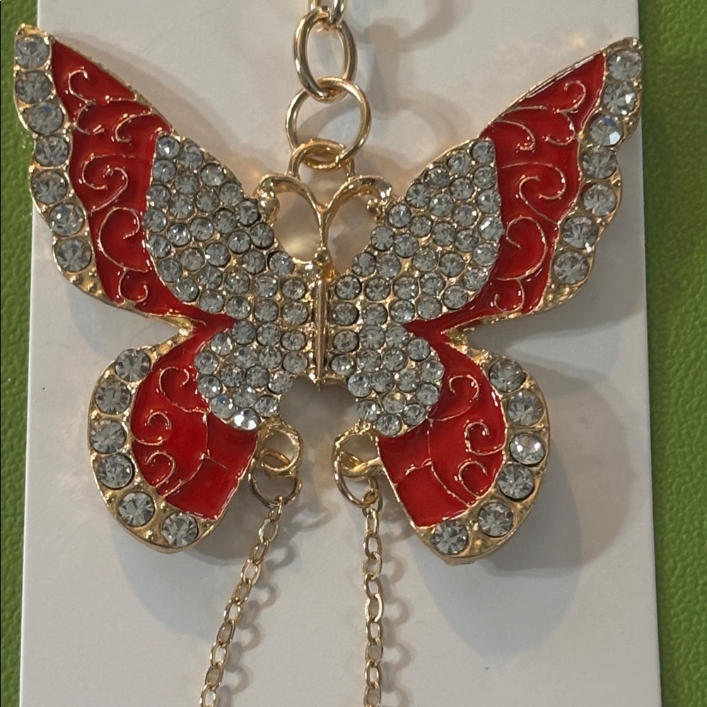 Red and Gold Butterfly w/ Crystals Keychain - Picture 2 of 2
